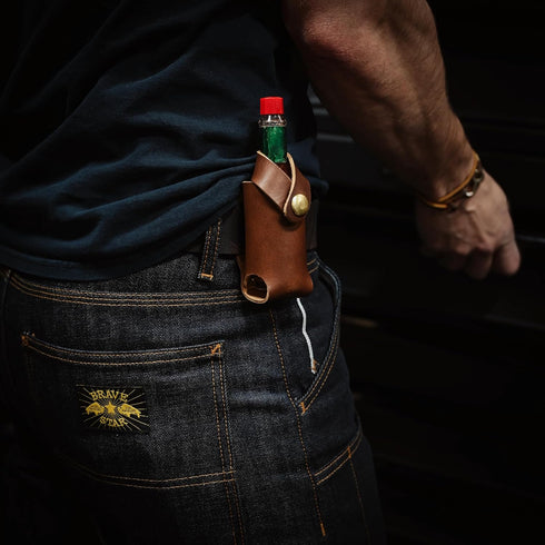 2 oz. Hot Sauce Holster - Full Grain Leather Belt Holder - Solid Brass Snap - Convenient Slip-On Hot Sauce Bottle