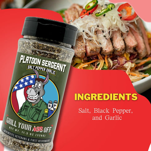 Platoon Sergeant Garlic Salt Pepper by Grill Your As Off - BBQ Seasoning for Beef, Pork, Chicken - 11.5oz