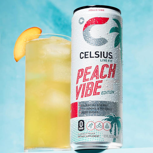 12 Oz (Pack 4) CELSIUS Sparkling Peach Vibe, Functional Essential Energy Drink Fl
