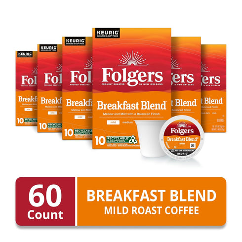 10 Count (Pack 6) Folgers Breakfast Blend Coffee, Mild Roast, Keurig K-Cup Pods