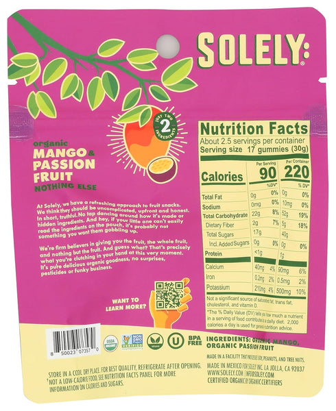 Gummies, 2.5 OZ SOLELY Organic Mango & Passion Fruit