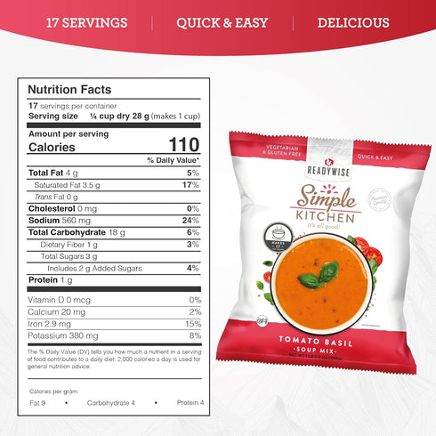 17 1 Pack READYWISE - Simple Kitchen, Tomato Basil Soup, Servings, MRE, Gluten Free, & Vegetarian, Food, Soup Mix
