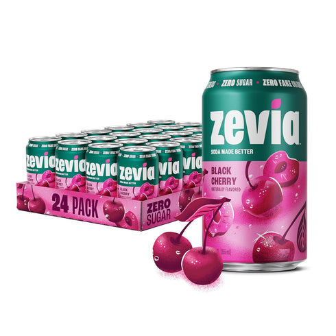 Zevia Zero Sugar Soda, Black Cherry, 12 oz Cans (24-Pack) Naturally Sweetened,