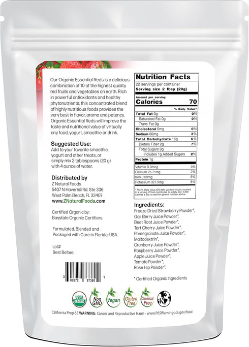 10 1 lb Z Natural Foods Organic Essential Reds, Organic Juice Powder, Super Blend of Red Fruits and Vegetables