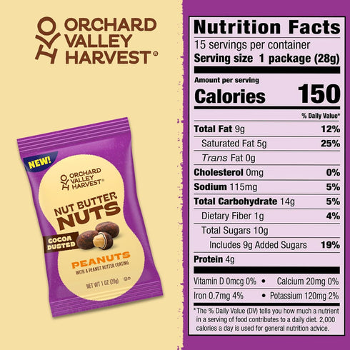 1oz (Pack 15), Orchard Valley Harvest Nut Butter Nuts Cocoa Dusted, Peanut Butter Coated Peanuts, Bags of Made