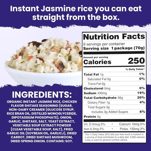 (Pack 6) 6.7 oz Packs Instant Rice Box - Non GMO & Gluten Free Seasoned Rice | Ready to Eat Chicken Mushroom Jasmine