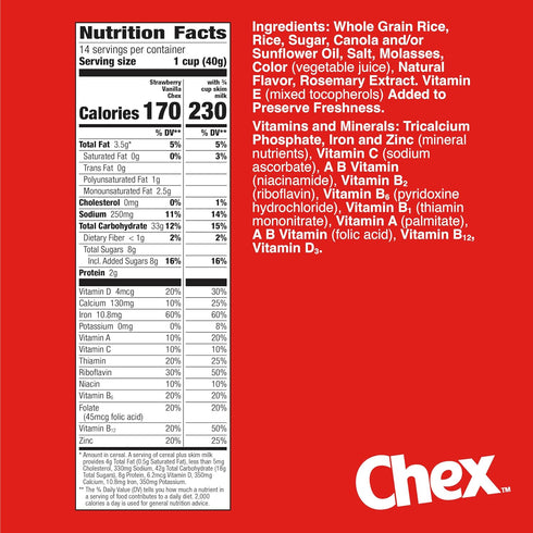 19.8 oz Strawberry Vanilla Chex Cereal, Gluten Free Breakfast Cereal, Made with Whole Grain, Family Size