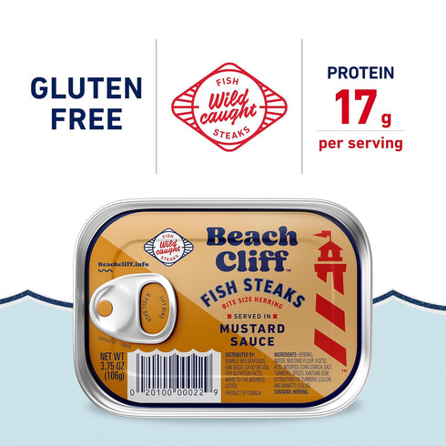 3.75 oz (Pack 12) 18g Beach Cliff Wild Caught Fish Steaks in Mustard Sauce, Can of - Protein per Serving - Gluten Free