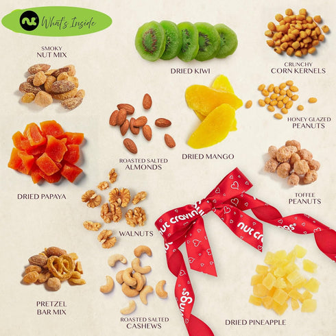(12 Package, NUT CRAVINGS - Easter Dried Fruit & Mixed Nuts Gift Basket in Reusable Wooden Tray + Ribbon Assortments)
