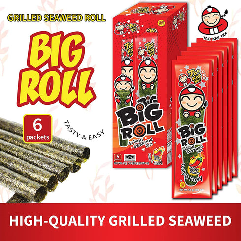 Tao Kae Noi Big Roll Grilled Seaweed Snacks, Spicy Flavor, 6 Pack, 3g Bags, Healthy Nori Rolls