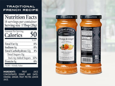 6 Pack, 100% 10 oz St. Dalfour Ginger & Orange Fruit Spread from Fruit, No Cane Sugars, No Corn Syrups, Jars