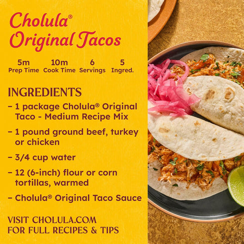 12 oz (Pack 6) Cholula Topping & Cooking Sauce, Original Taco, Medium Heat, For Tacos, Quesadillas, Carnitas, Eggs