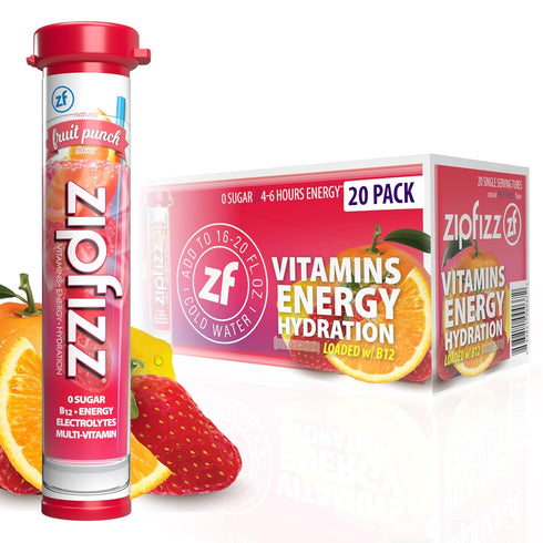 Zipfizz Daily Energy Drink Powder, Fruit Punch, 20 Pack 3-in-1 Sustained Energy,