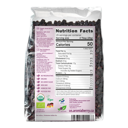 17.6 oz (500 Aronia Original Organic Dried Aronia Berries g) - Unsweetened Black Chokeberries, Gently Dried After