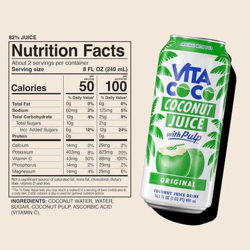 16.9 oz (Pack 12) Vita Coco Coconut Juice, Original with Pulp | Big, Bold Coconut Taste | Natural Electrolytes | Sweet