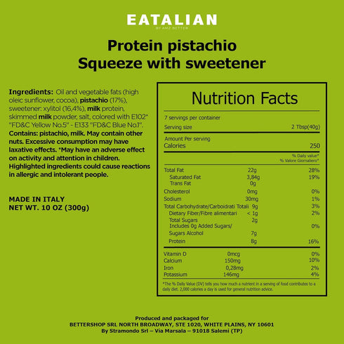 10 oz/300g EATALIAN by AMZ BETTER Protein Pistachio Flavoured Topping, Sweet Protein Cream in Squeezer, Made in Italy