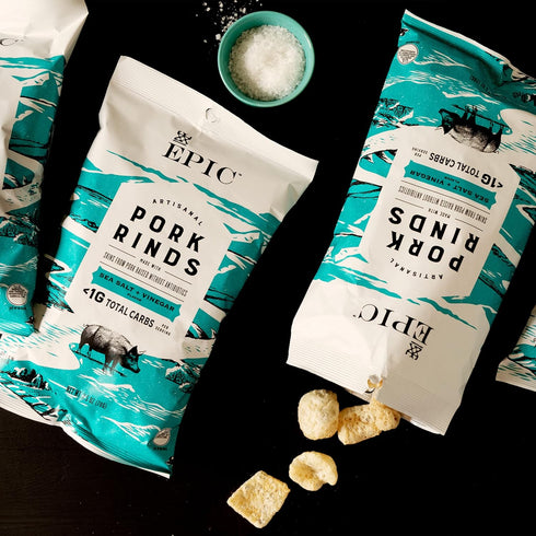 2.5 oz (Pack 4) EPIC Sea Salt and Vinegar Pork Rinds, Keto Friendly, Protein Snacks