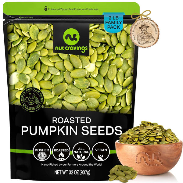 NUT CRAVINGS - Roasted & Unsalted Pumpkin Seeds, Pepitas, No Shell (32oz