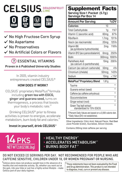 Pack 28 CELSIUS On-The-Go Powder Stick, Combo of Dragonfruit Lime and Cranberry Lemon, Piece Assortment