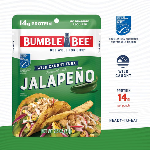 14g 2.5 oz Packet (Pack 12) Bumble Bee Jalapeno Seasoned Tuna Pouch - Wild Caught and Ready to Eat for Snack, Salad