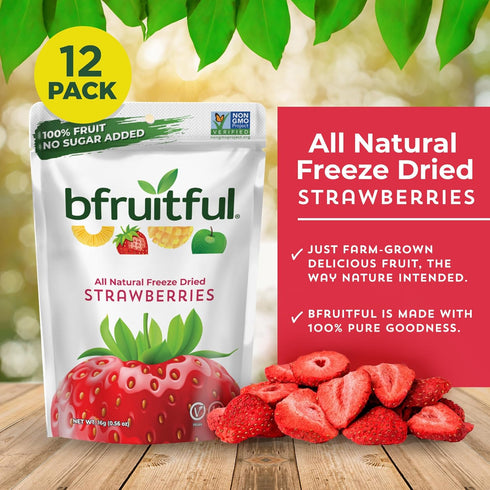 0.56 oz Packets, 12 Pack bfruitful Freeze-Dried Strawberries, Freeze Dried Fresh Fruit Bites, Gluten Free, Vegan, Dairy