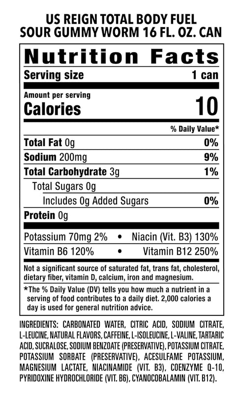 Gummy 16 Oz (Pack 12) Reign Total Body Fuel, Sour Worm, Fitness & Performance Drink, Fl