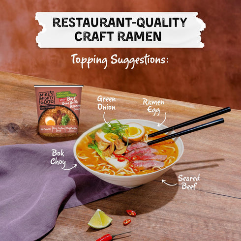 (Pack 6) 10g Mikes Mighty Good Spicy Beef Bone Broth Ramen Cup of Protein Instant Ramen Noodles Organic Steamed