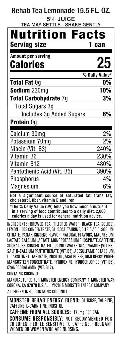 15.5 Pack 15 Monster Rehab Tea + Lemonade + Energy, Energy Drink Ounce | Energy Iced Tea