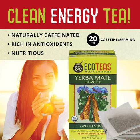 ECOTEAS Organic Unsmoked Yerba Mate Tea Bags - 24 Count, 1.7 Oz, Clean Energy Burst
