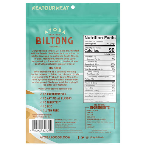 Ayoba Traditional Grass Fed Beef Biltong Slices - Keto Friendly Air-Dried Beef Paleo Snacks (4 Ounce, Pack of 1)