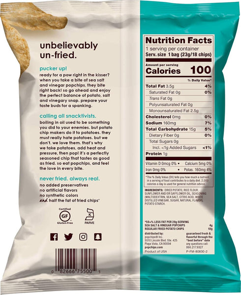 0.8 oz (Pack 24) Popchips Sea Salt & Vinegar Potato Chips Single Serve Bags