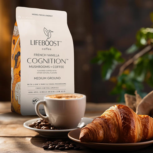 Immune 12 oz Lifeboost French Vanilla Cognition Mushroom Coffee - Low Acid Medium Organic Coffee with Nootropic Lions