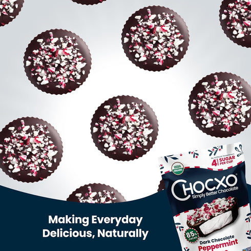 85% 3.45 oz (Pack 6) Chocxo Dark Chocolate Peppermint Cups - Lower Sugar Christmas Candy, Organic Cacao, NonGMO, Keto