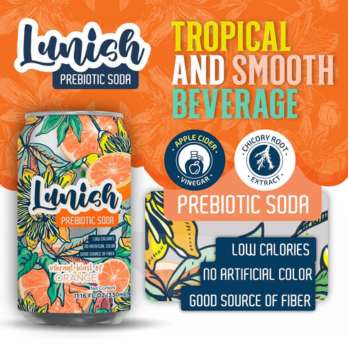4g 20 12 Pack Lunish Prebiotic Soda Orange, Light & Refreshing Low Sugar Soda with Prebiotic Fiber, Apple Cider