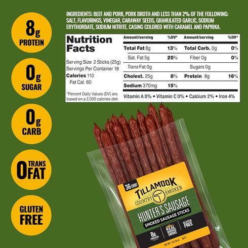 Country 16 (36 Count Pack) Tillamook Smoker Smoked Sausage, Hunter's Sausage, Ounce Meat Sticks Bulk Real Hardwood