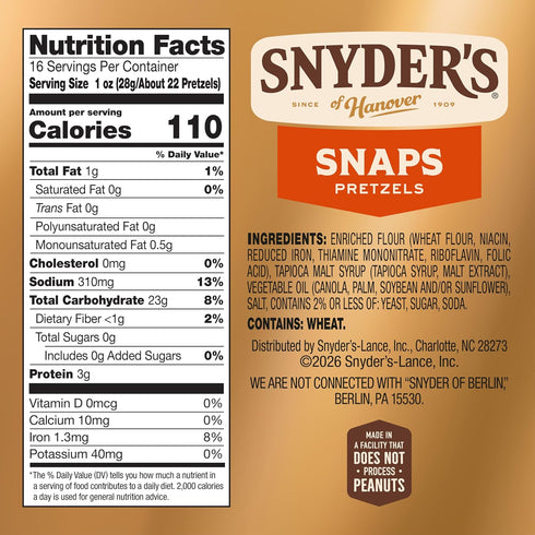 16 Oz Snyder's of Hanover Snaps Pretzels, Bag