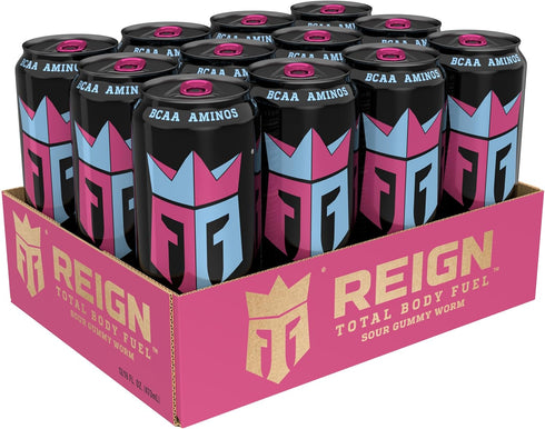 Gummy 16 Oz (Pack 12) Reign Total Body Fuel, Sour Worm, Fitness & Performance Drink, Fl
