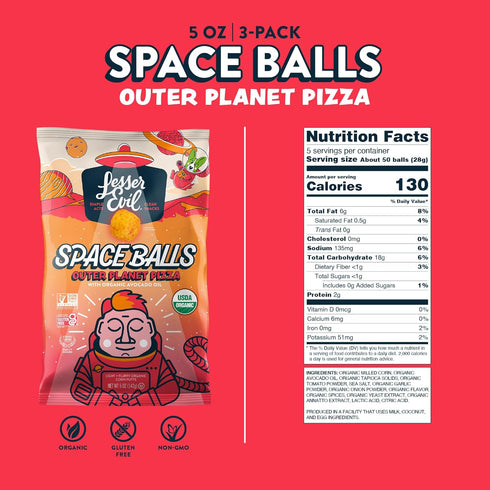 5 oz, Pack 3 LesserEvil Outer Planet Pizza Space Balls, Premium Quality, Minimally Processed, No Vegetable Oil