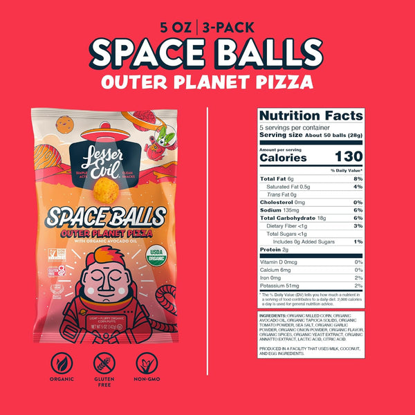 5 oz, Pack 3 LesserEvil Outer Planet Pizza Space Balls, Premium Quality, Minimally Processed, No Vegetable Oil