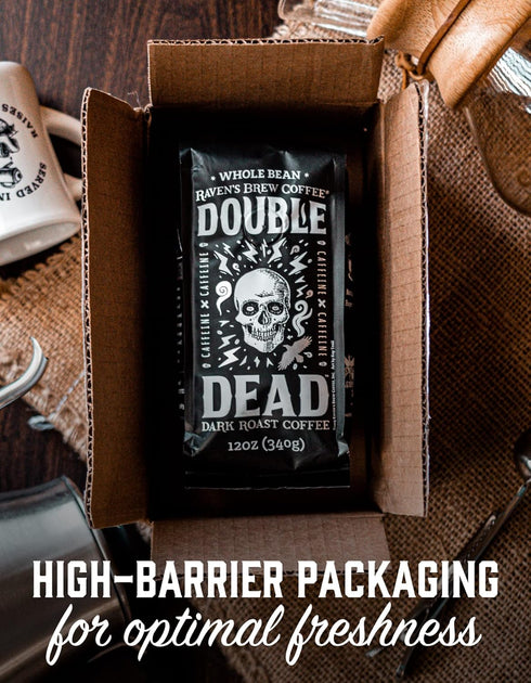 12oz Raven's Brew Coffee High Caffeine Coffee Dark Roast Whole Bean Double Dead