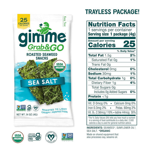 Gimme 18 Count Omega3s Seaweed Grab & Go Organic Premium Roasted Seaweed Snacks, Sea Salt, Trayless, Keto, Vegan