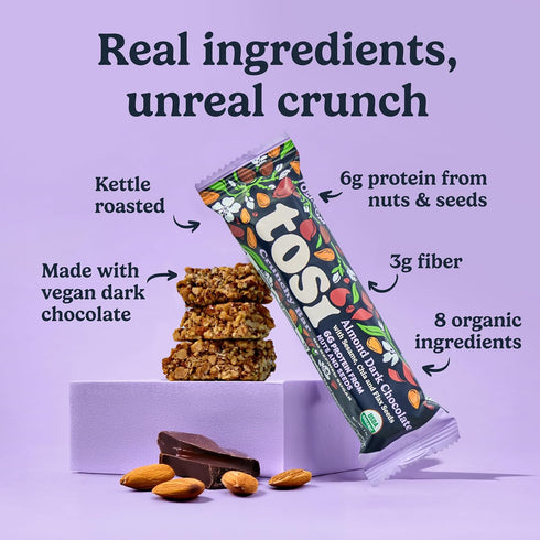 (6G 3s, 1oz, 12-Pack Tosi Nut Bars, Almond Dark Chocolate, Healthy Snacks for Adults & Kids, Plant Based Crunchy Bars
