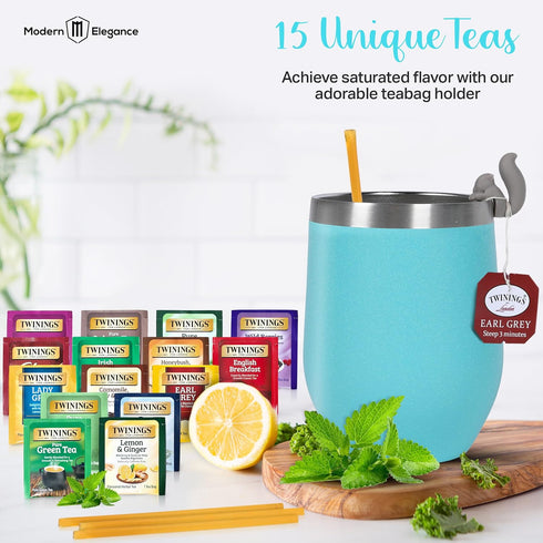 Set 15 10 Birthday Gift with Stainless Tumbler, Assorted Teas, Honey Straws, Tea Tongs, Scented Candle and Greeting