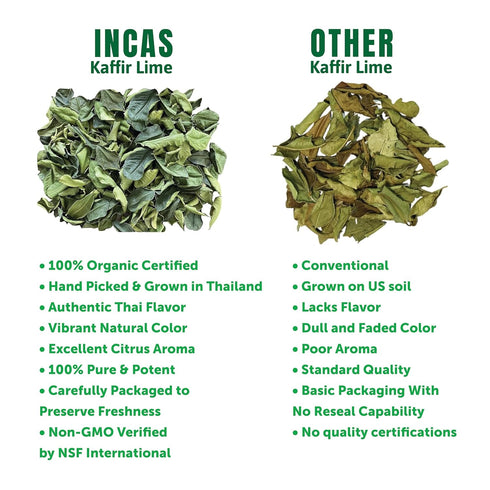 100% 0.53 oz INCAS USDA Organic Makrut Lime Leaves Direct From Thailand Original Authentic Thai Flavor & Citrus Aroma