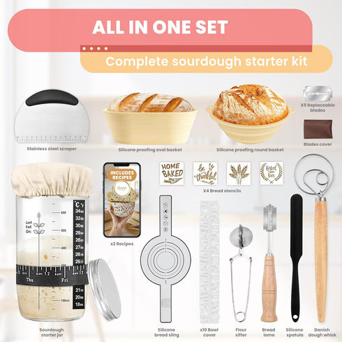24oz 9" 10" Whisk,18 1 Complete Sourdough Starter Kit, Sourdough bread baking supplies, Great Gift Beginners Bread