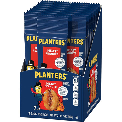 2.25 oz, 15-Pack, PLANTERS Heat Peanuts, Spicy Snacks, Hot Peanuts, Nuts with a Hot and Spicy Taste