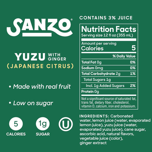 12oz, 6 Pack Sanzo Flavored Sparkling Water - Yuzu Lemon Seltzer (with Ginger) - Low Calorie Low Sugar Soda - Craft