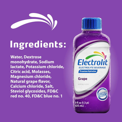 21 Oz (Pack 12) Electrolit, Electrolyte Beverage, Grape, Fl bottle