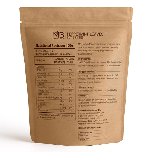 2.8 oz (80g) 100% MB Herbals Peppermint Leaves Cut & Sifted | Pure Dried Mentha piperita | Herbal Mint Infusion | No