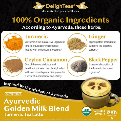 120 5 oz. DelighTeas Organic Golden Milk Powder with Turmeric, Ginger, Ceylon Cinnamon | Ayurvedic Spices for Golden